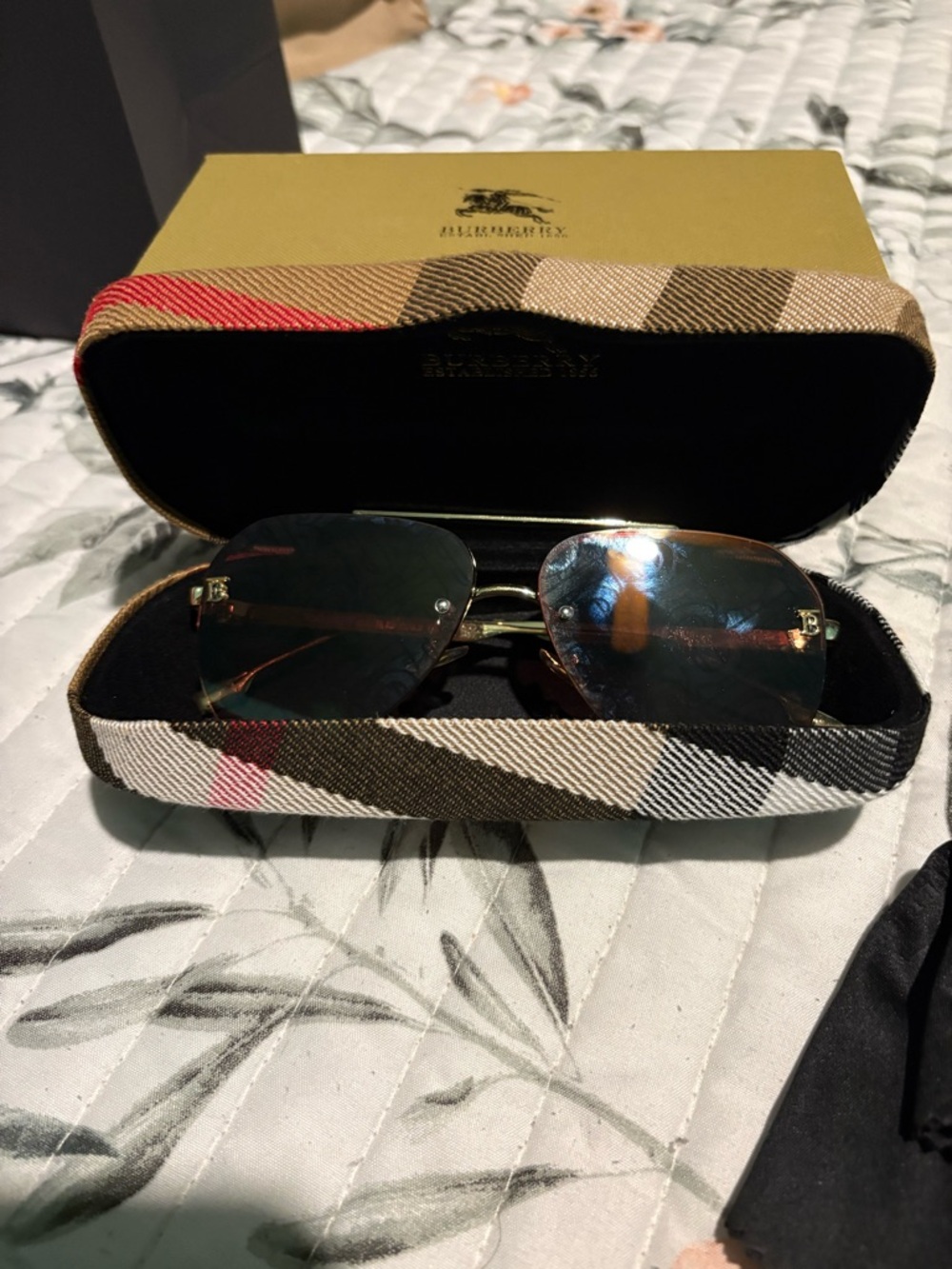 Burberry Gold Rimless Sunglasses with Dark Lenses and Check Case